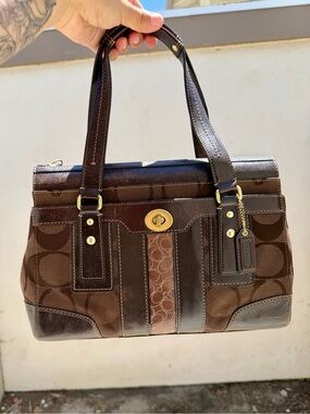 Coach Brown Signature Canvas Satchel with Gold Hardware